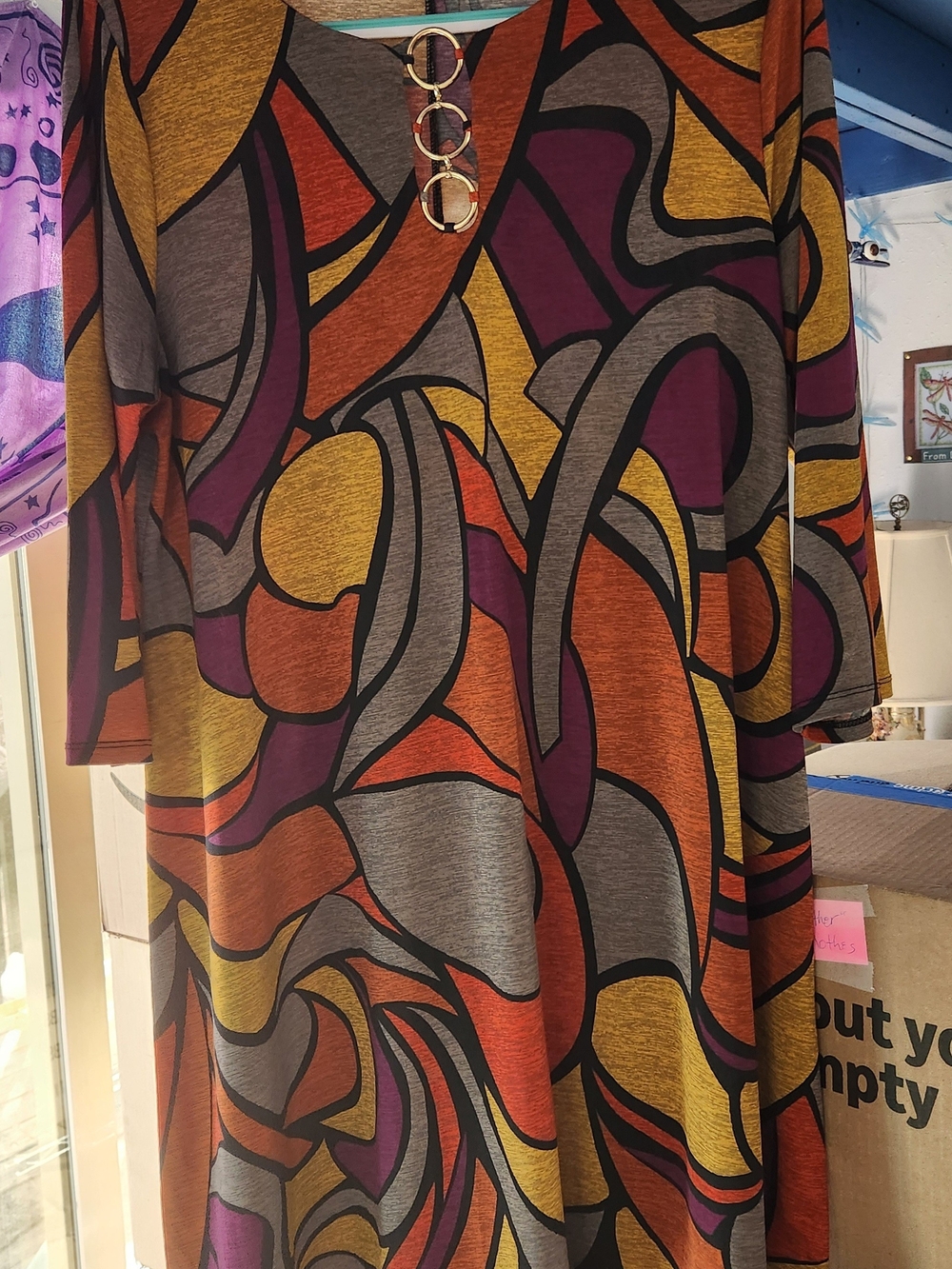Abstract Print A-Line Women's Dress in Orange, Gold, Gray & Purple